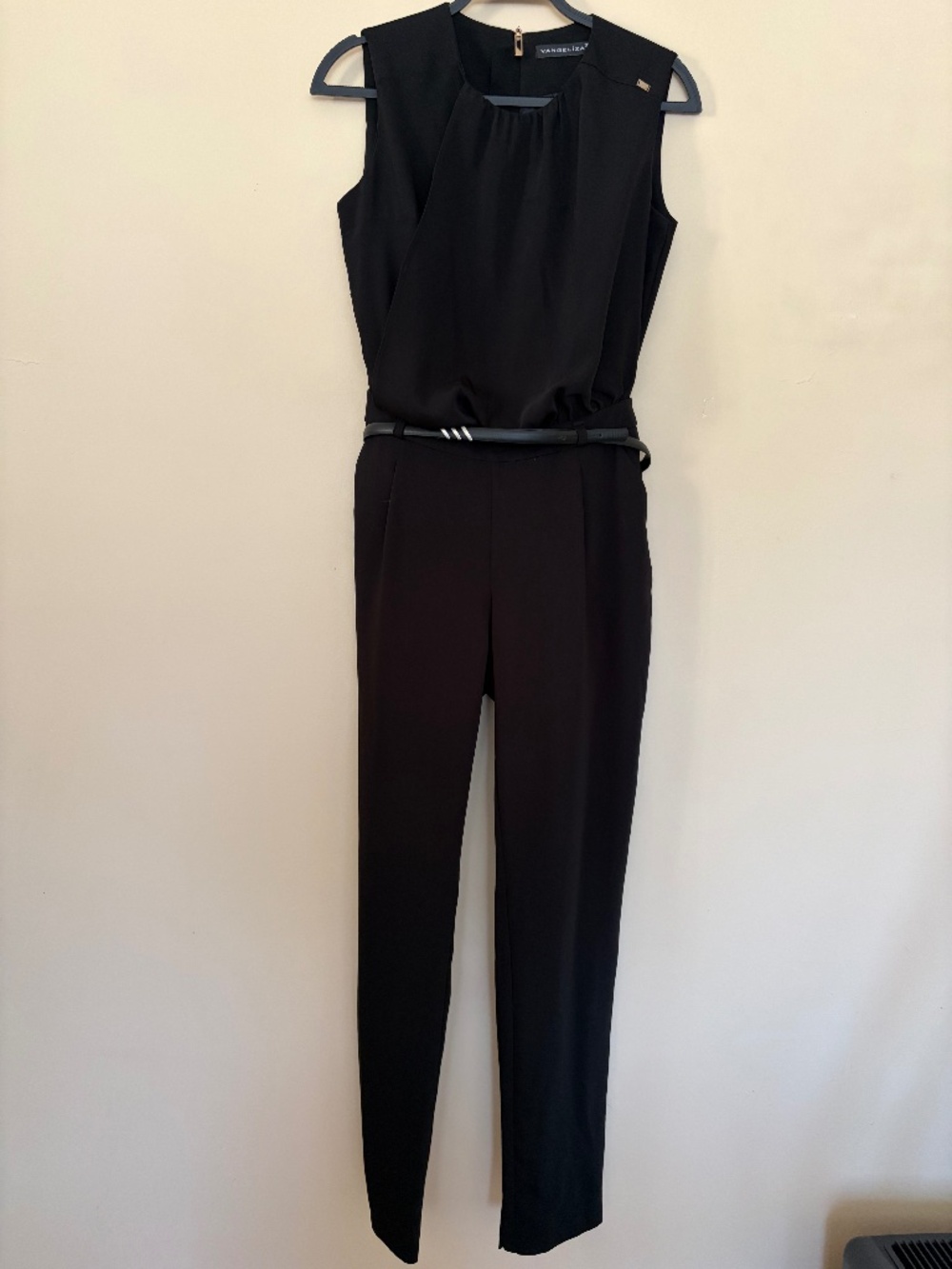 Vangeliza Black Sleeveless Jumpsuit with Draped Neckline & Belt